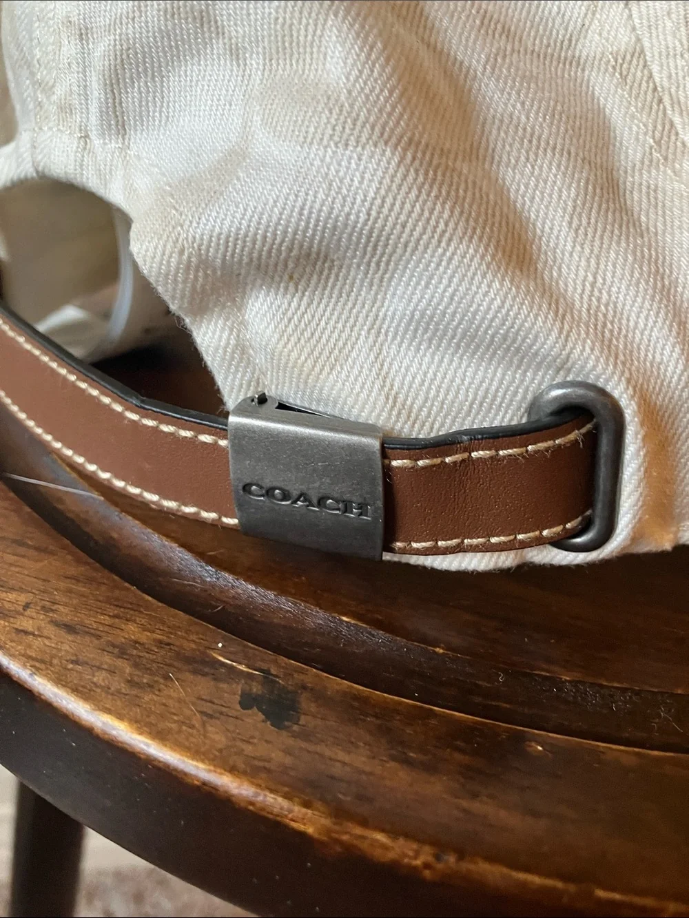 Coach: Cream Signature Baseball Cap- Leather Strap- M/L